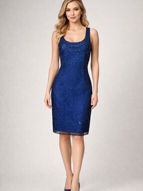 NWT Laurence Kazar Beaded Sheath Dress in Royal Blue 1X